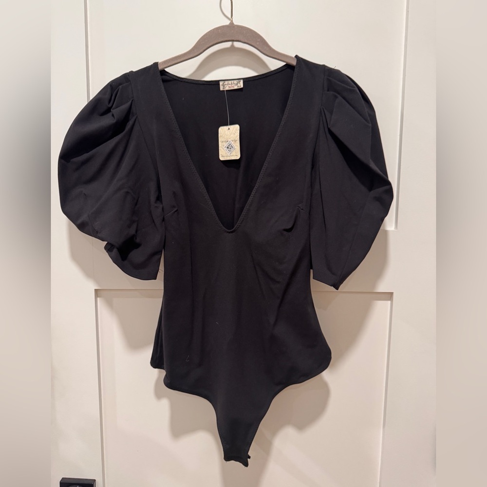 Free people Black deep V-Neck Puff Sleeve Bodysuit